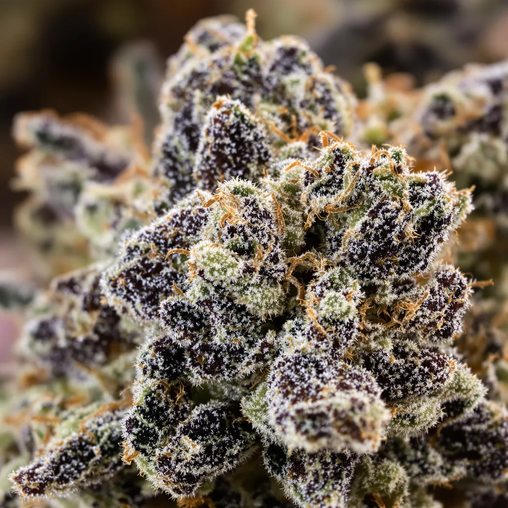Whitaker Blues cannabis bud close-up showing dense purple-tinged calyxes