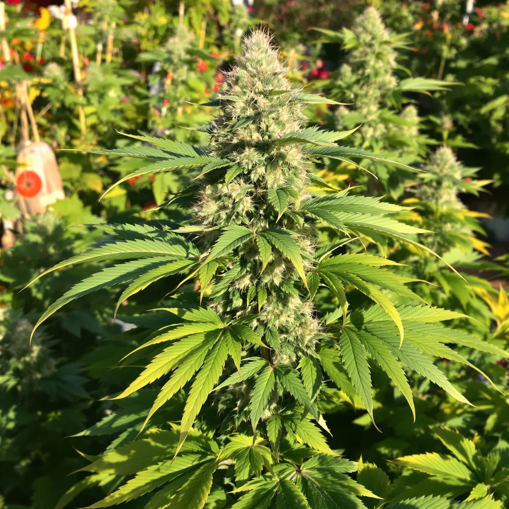 Whitaker Blues 77% indica / 23% sativa flower with visible trichomes