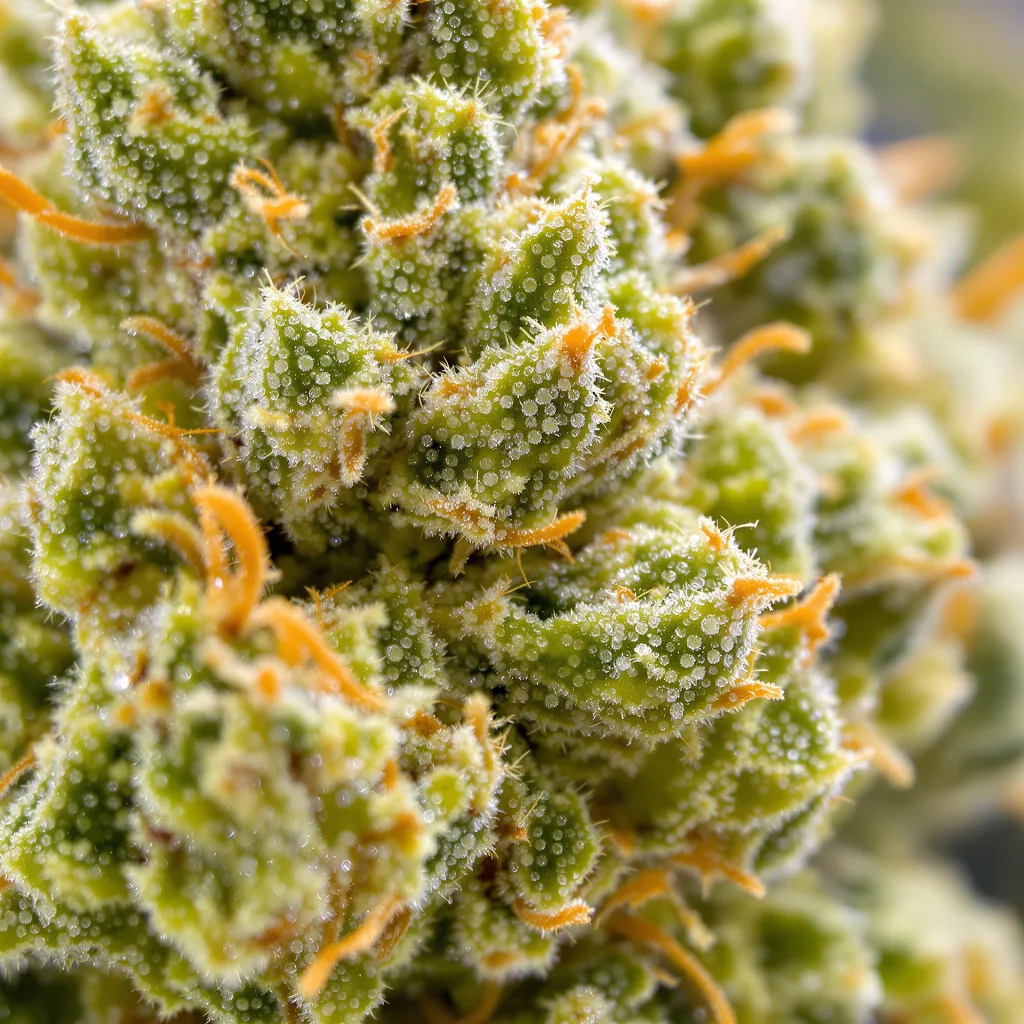 White Buffalo cannabis bud close-up showing lime-green airy structure
