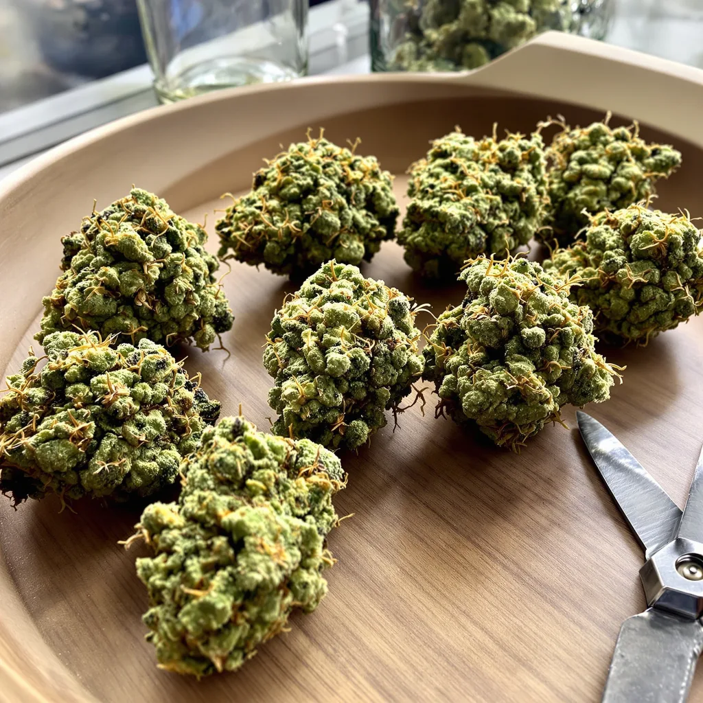 White Buffalo 20% indica / 70% sativa flower with visible trichomes