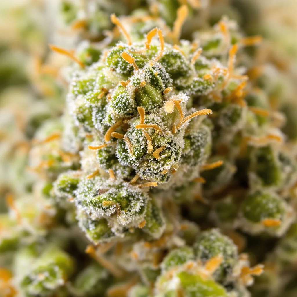 White Buffalo cannabis bud close-up showing lime-green airy structure