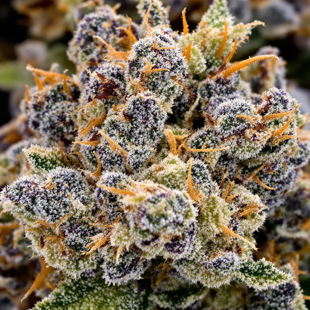 White Fire 43 cannabis bud close-up showing dense purple-tinged calyxes