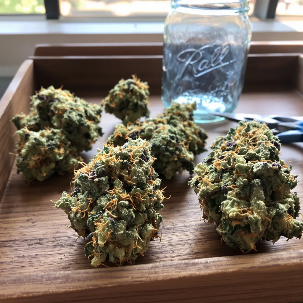 White Fire OG 60% indica / 40% sativa flower with visible trichomes