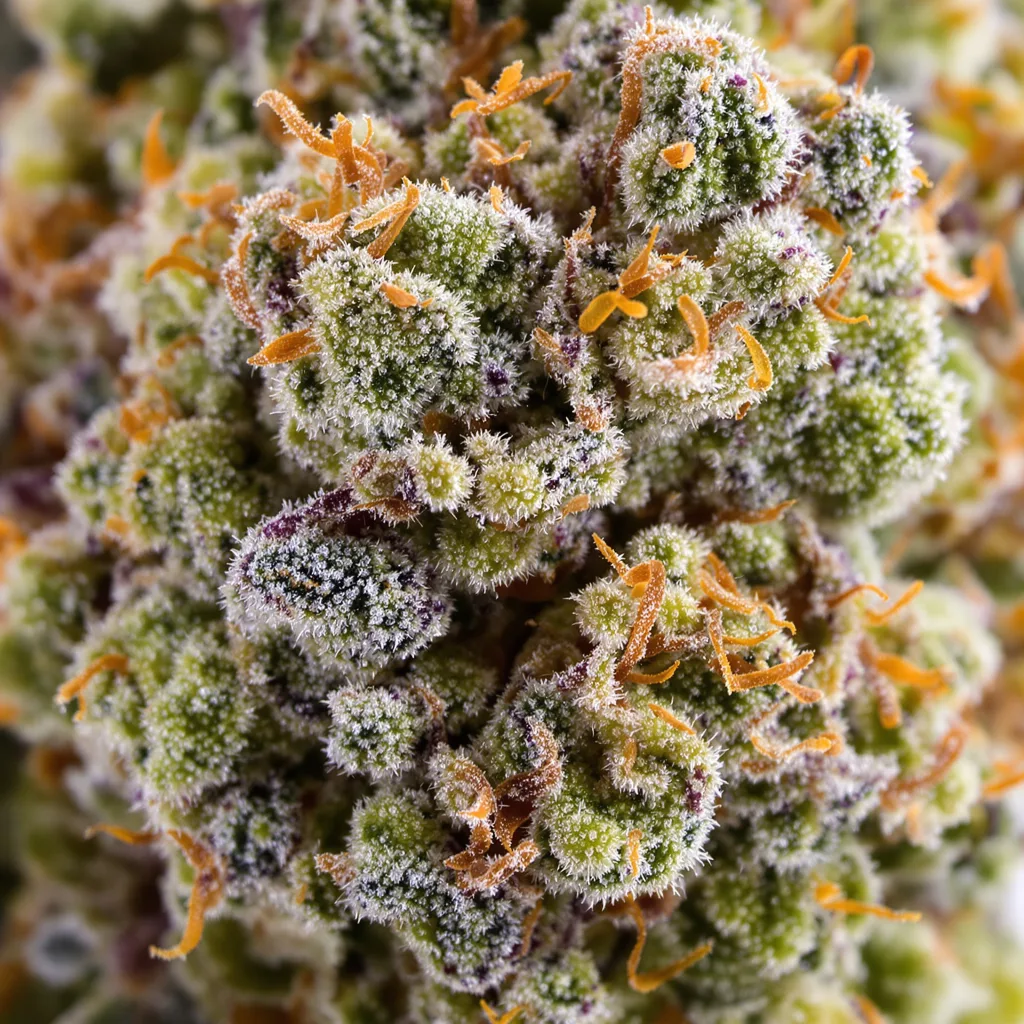 White Kryptonite cannabis bud close-up showing balanced bud structure with frosted trichomes