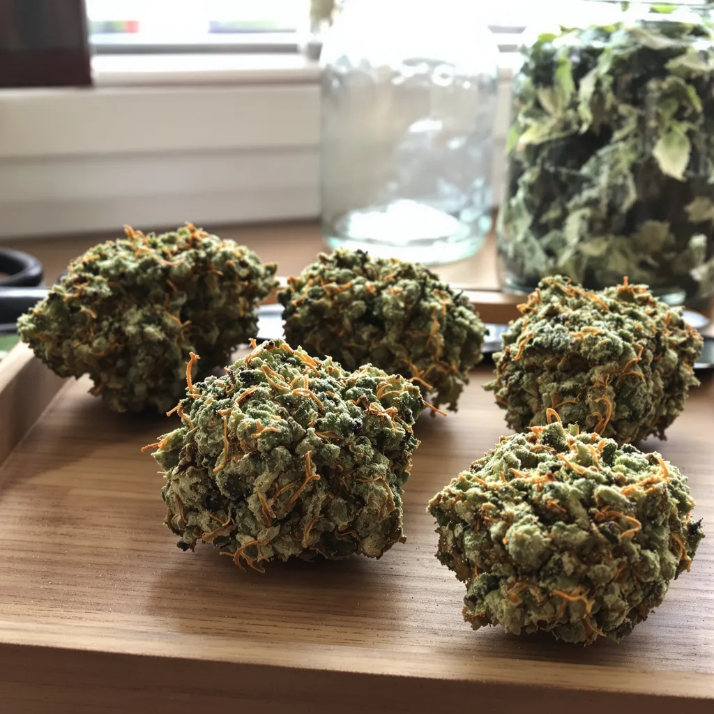 White Kush 64% indica / 36% sativa flower with visible trichomes