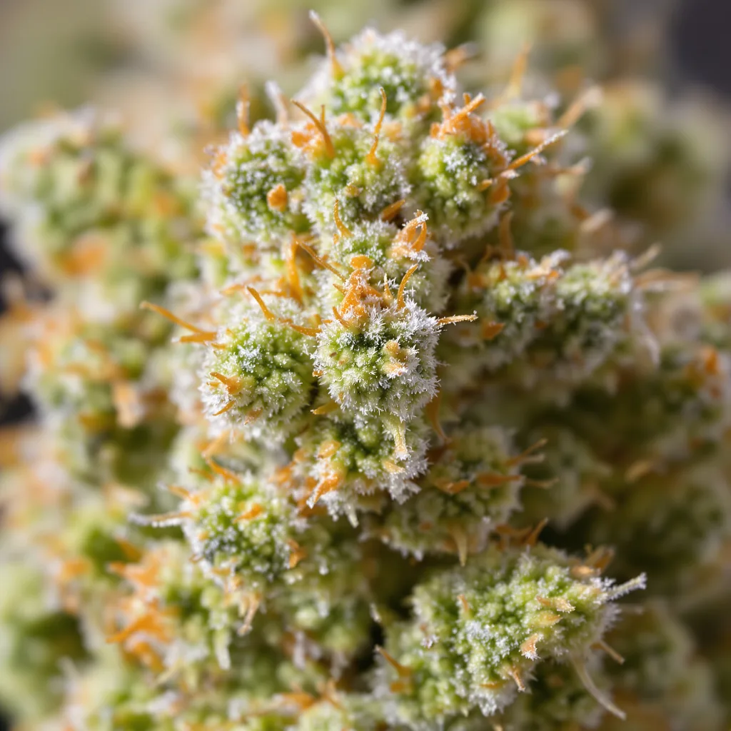 White Nightmare cannabis bud close-up showing lime-green airy structure