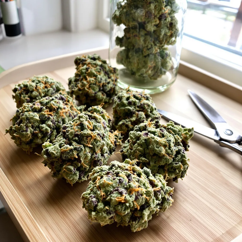 White OG 43% indica / 57% sativa flower with visible trichomes
