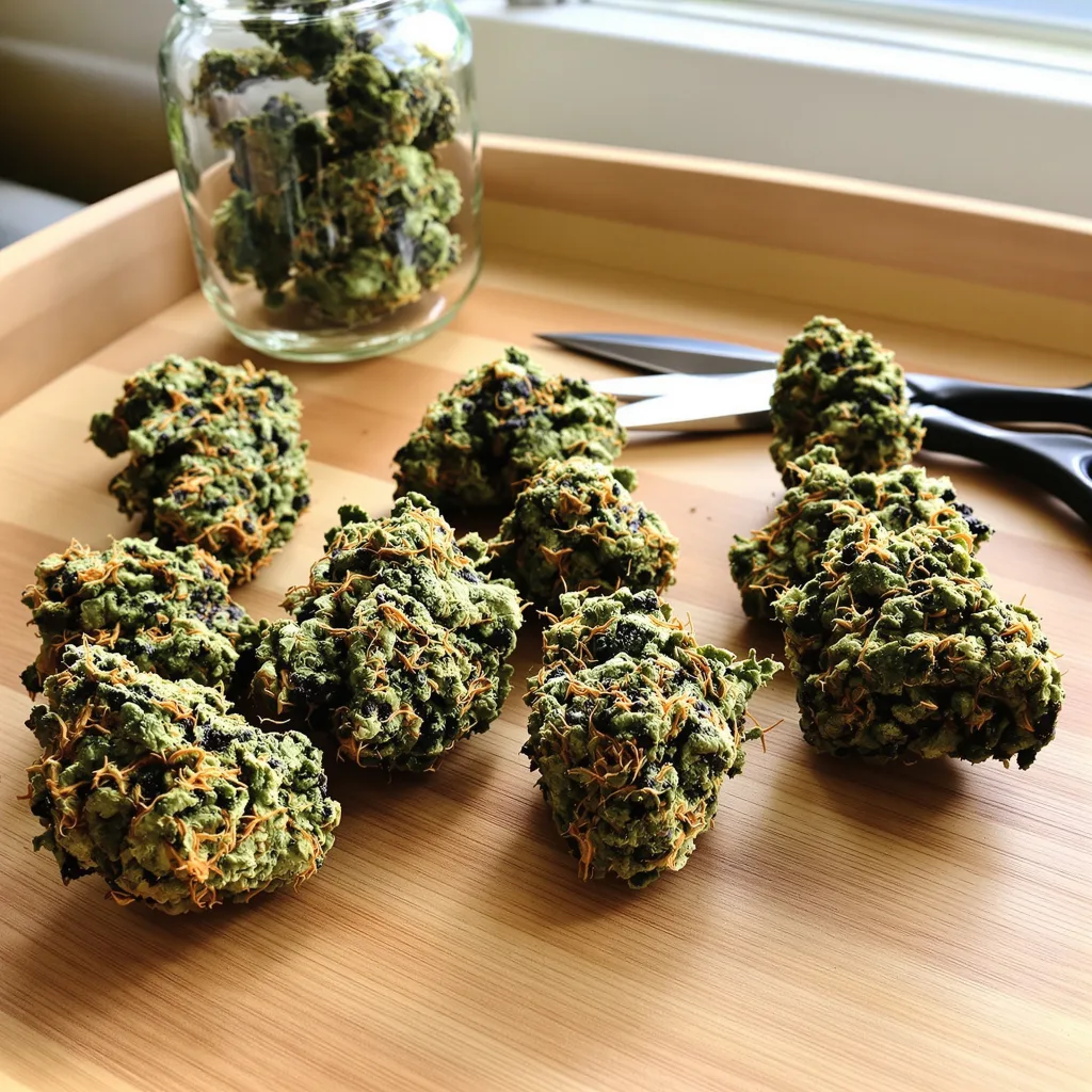 White Rhino 90% indica / 50% sativa flower with visible trichomes