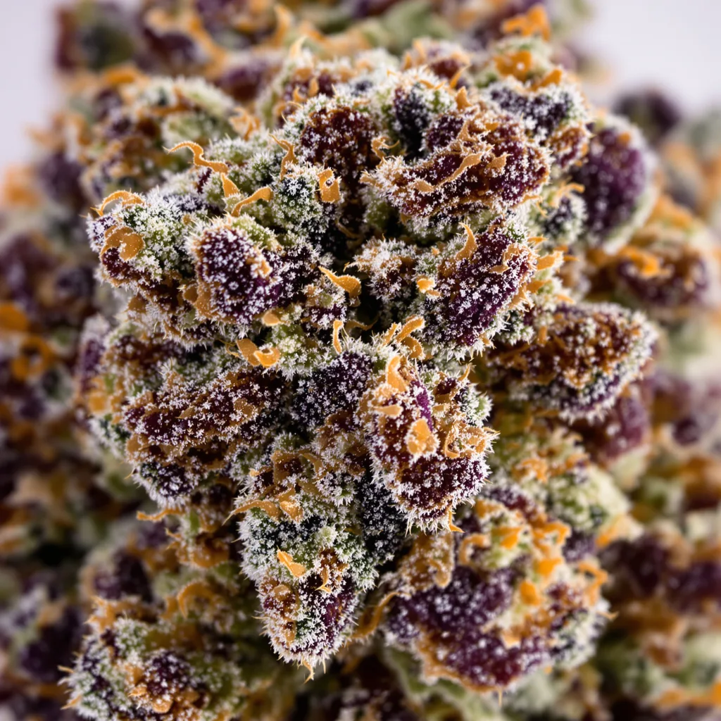 White Rhino cannabis bud close-up showing dense purple-tinged calyxes