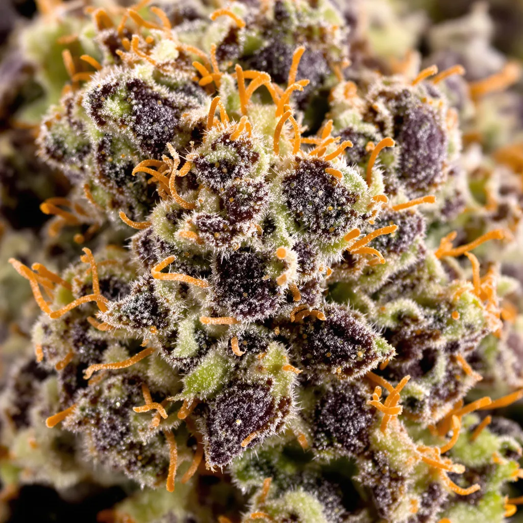 White Runtz cannabis bud close-up showing dense purple-tinged calyxes