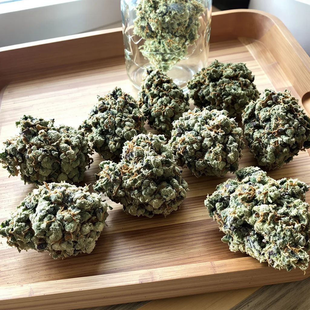White Russian 50% indica / 50% sativa flower with visible trichomes