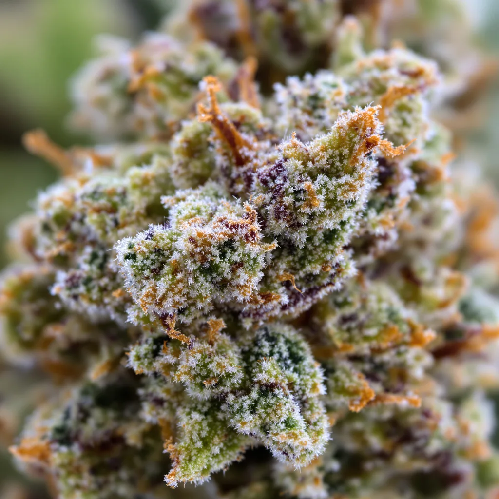 White Russian cannabis bud close-up showing balanced bud structure with frosted trichomes