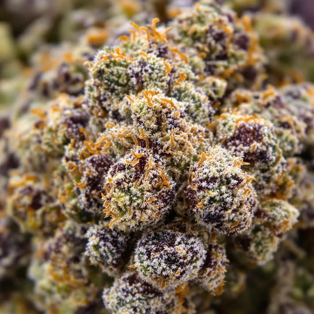 White Truffle cannabis bud close-up showing dense purple-tinged calyxes