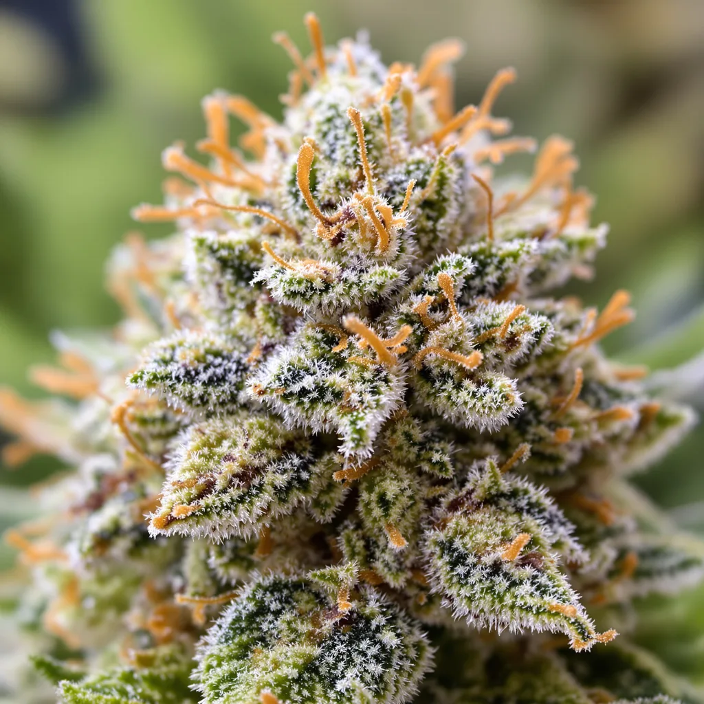 White Widow cannabis bud close-up showing balanced bud structure with frosted trichomes