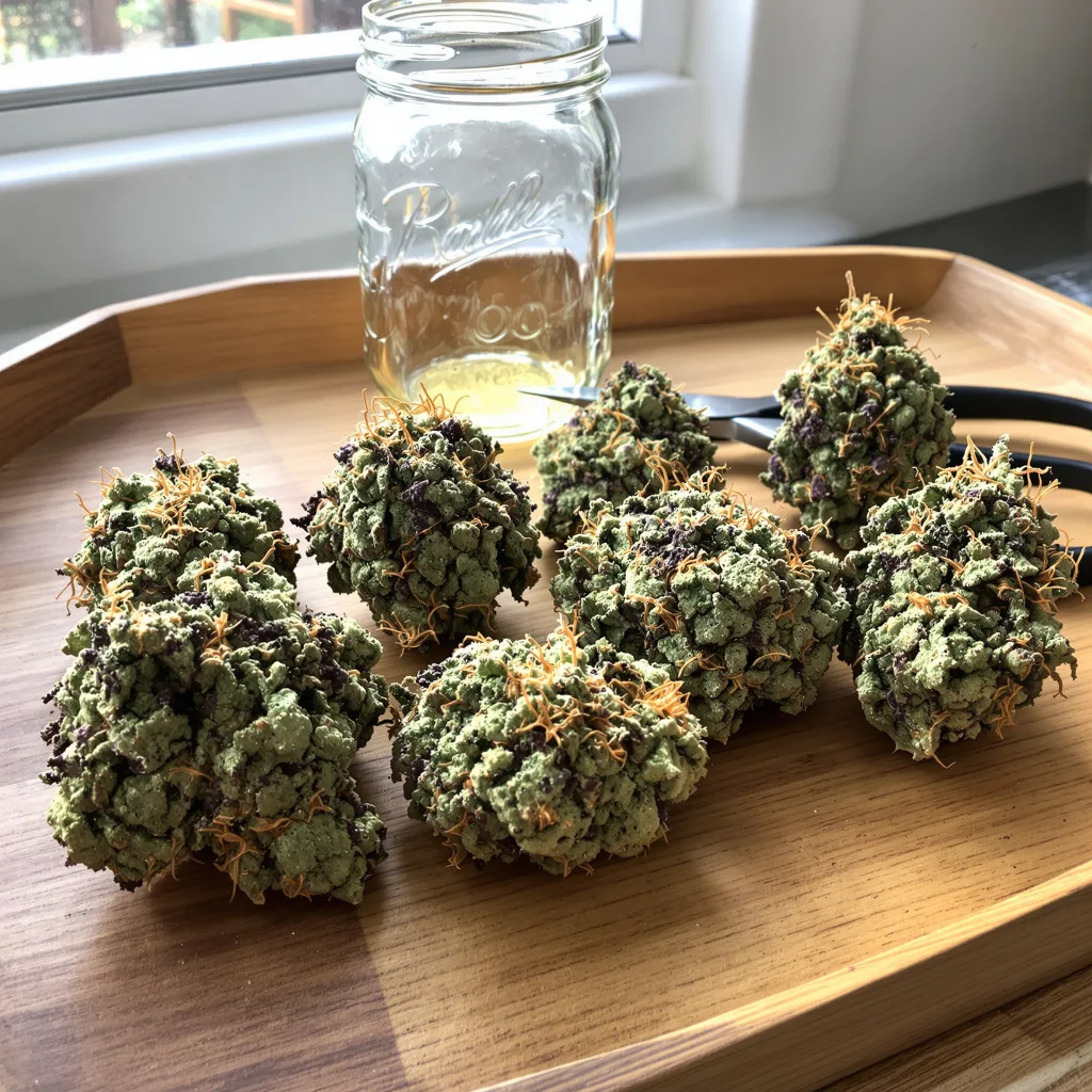 White Widow 50% indica / 40% sativa flower with visible trichomes