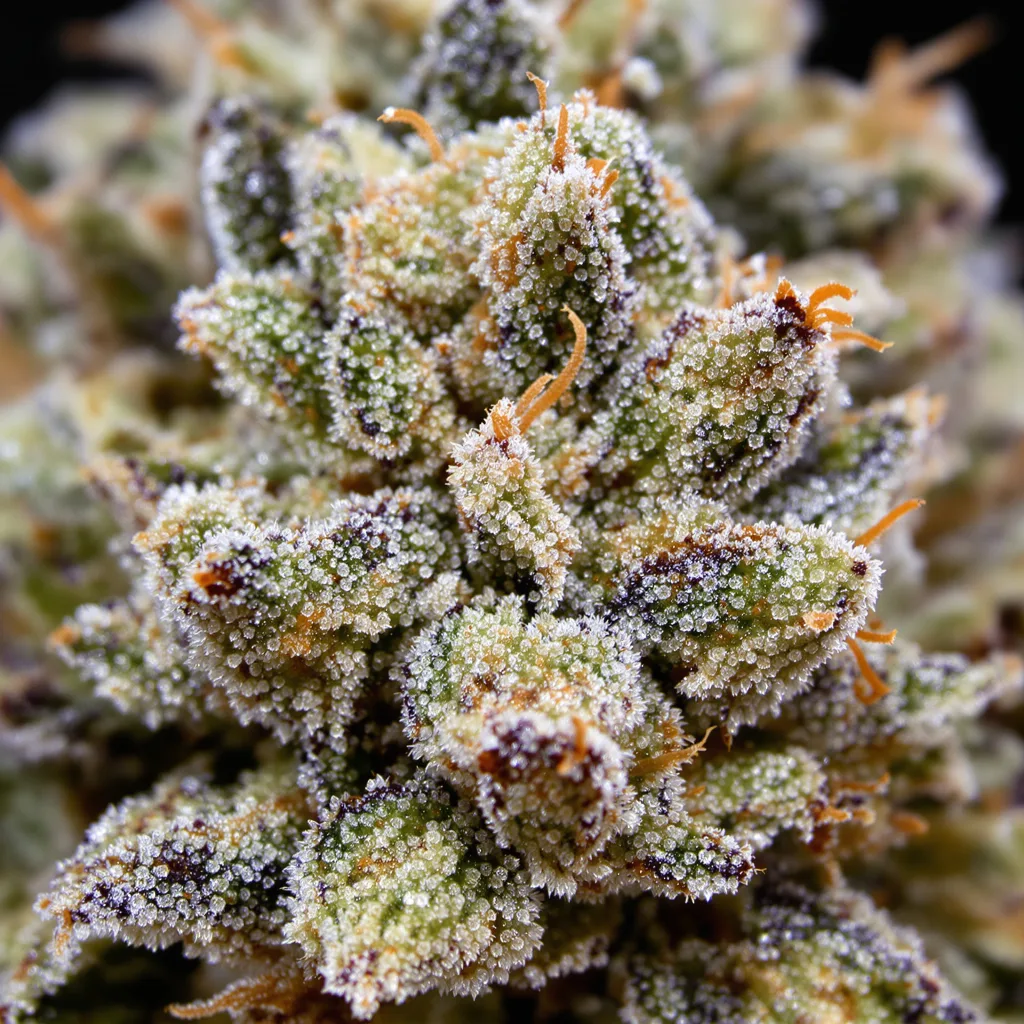 Whiteout cannabis bud close-up showing open-bud structure with orange pistils