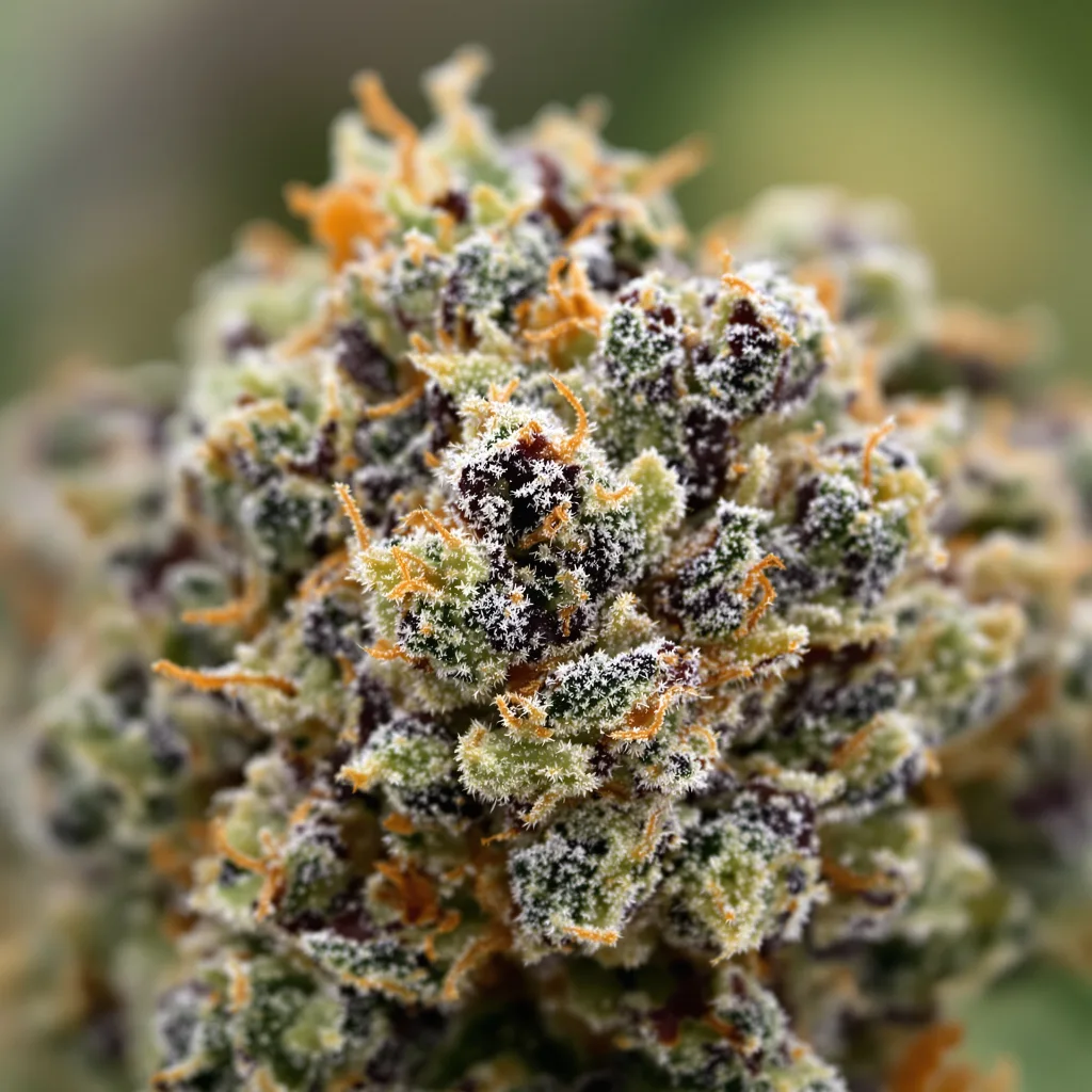 WMD cannabis bud close-up showing dense purple-tinged calyxes