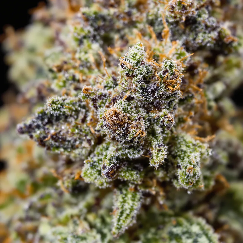 X-Wing cannabis bud close-up showing dense purple-tinged calyxes