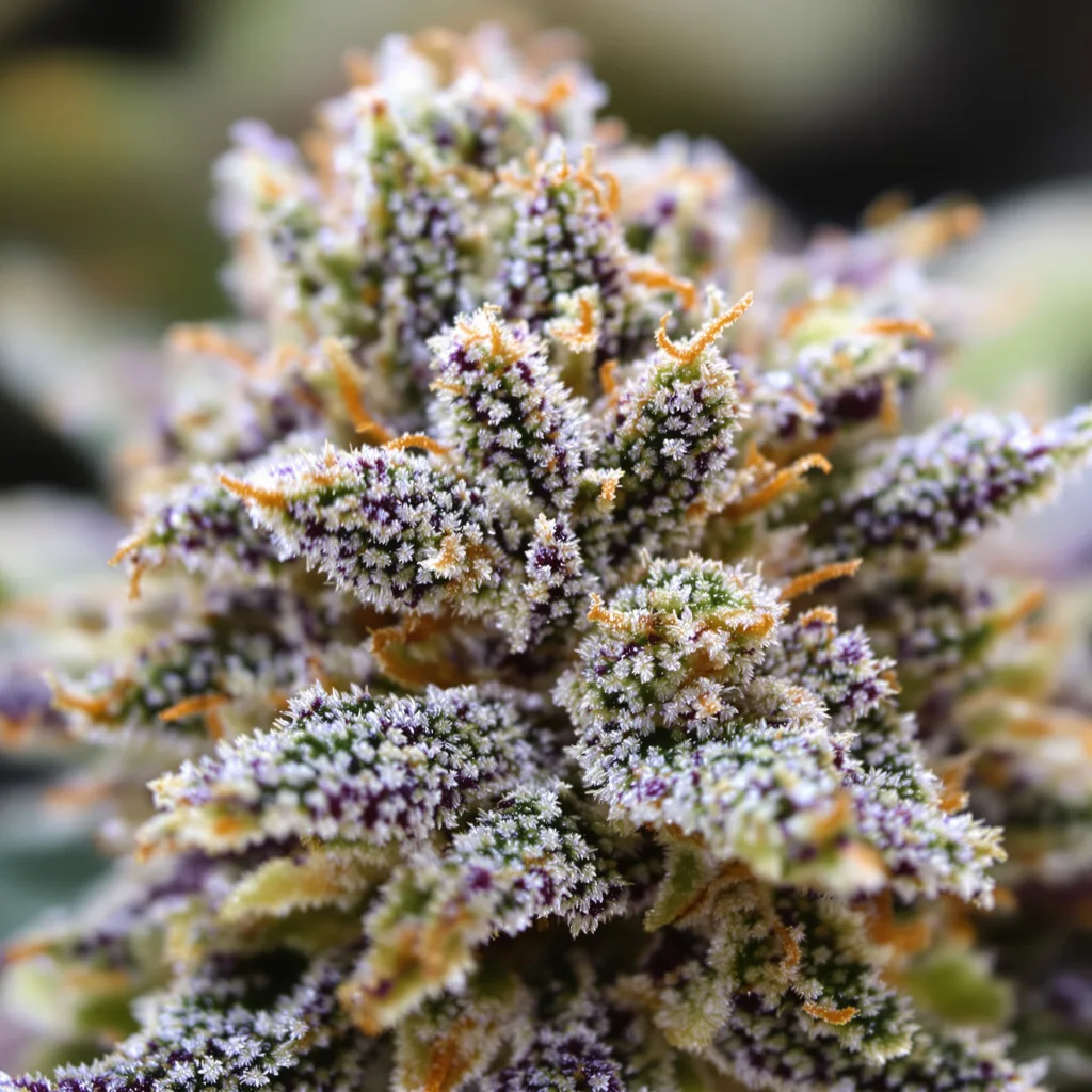 XJ-13 cannabis bud close-up showing balanced bud structure with frosted trichomes