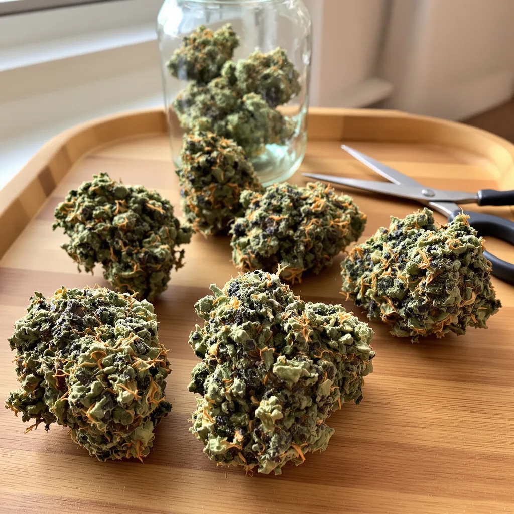 Zebra Cake 70% indica / 30% sativa flower with visible trichomes