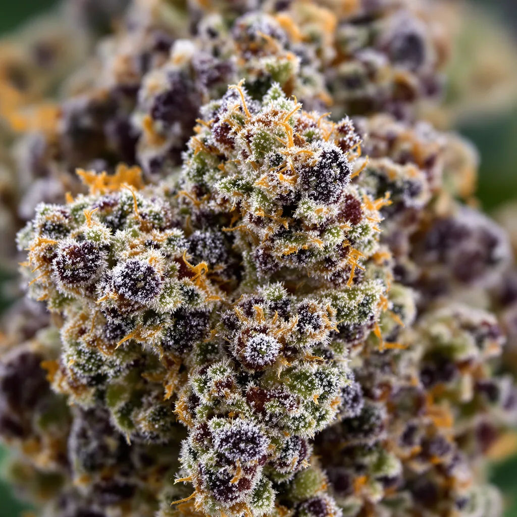 Zebra Cake cannabis bud close-up showing dense purple-tinged calyxes
